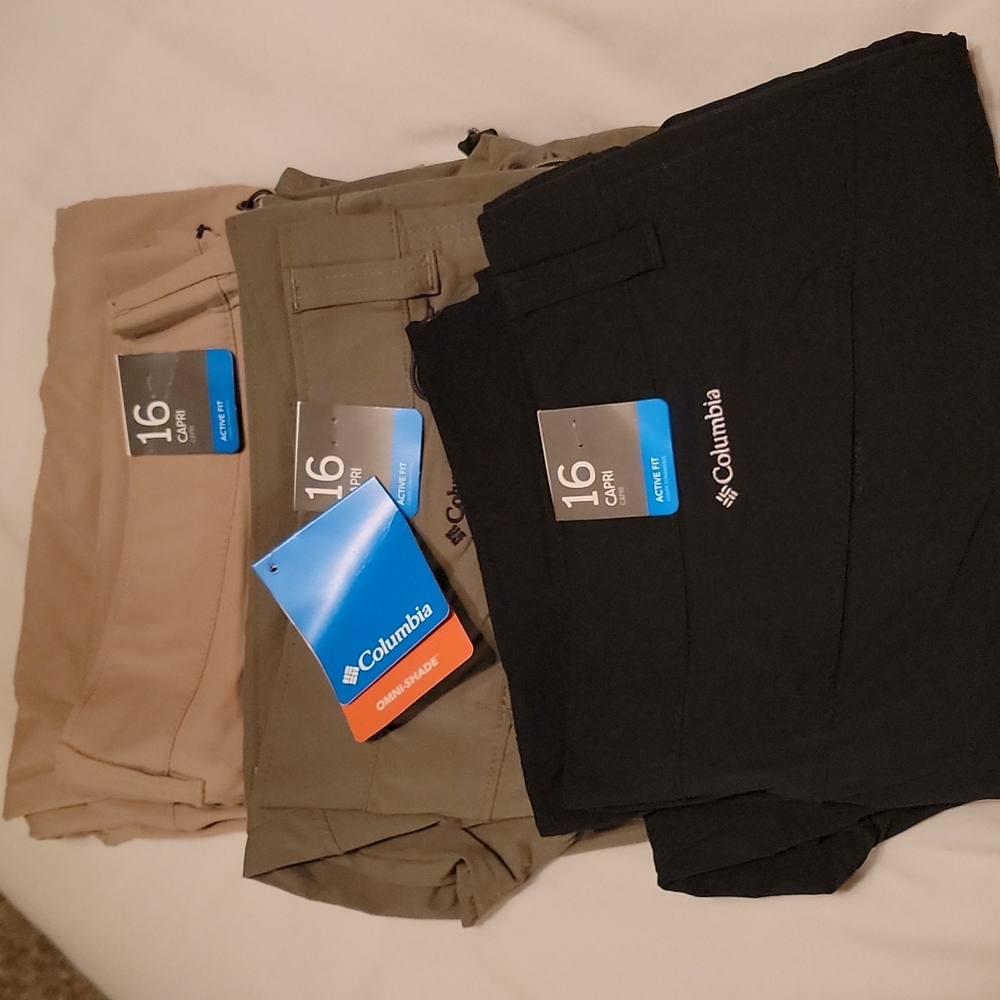 Columbia Active Fit Capri Pants. Colors black, olive and khaki.